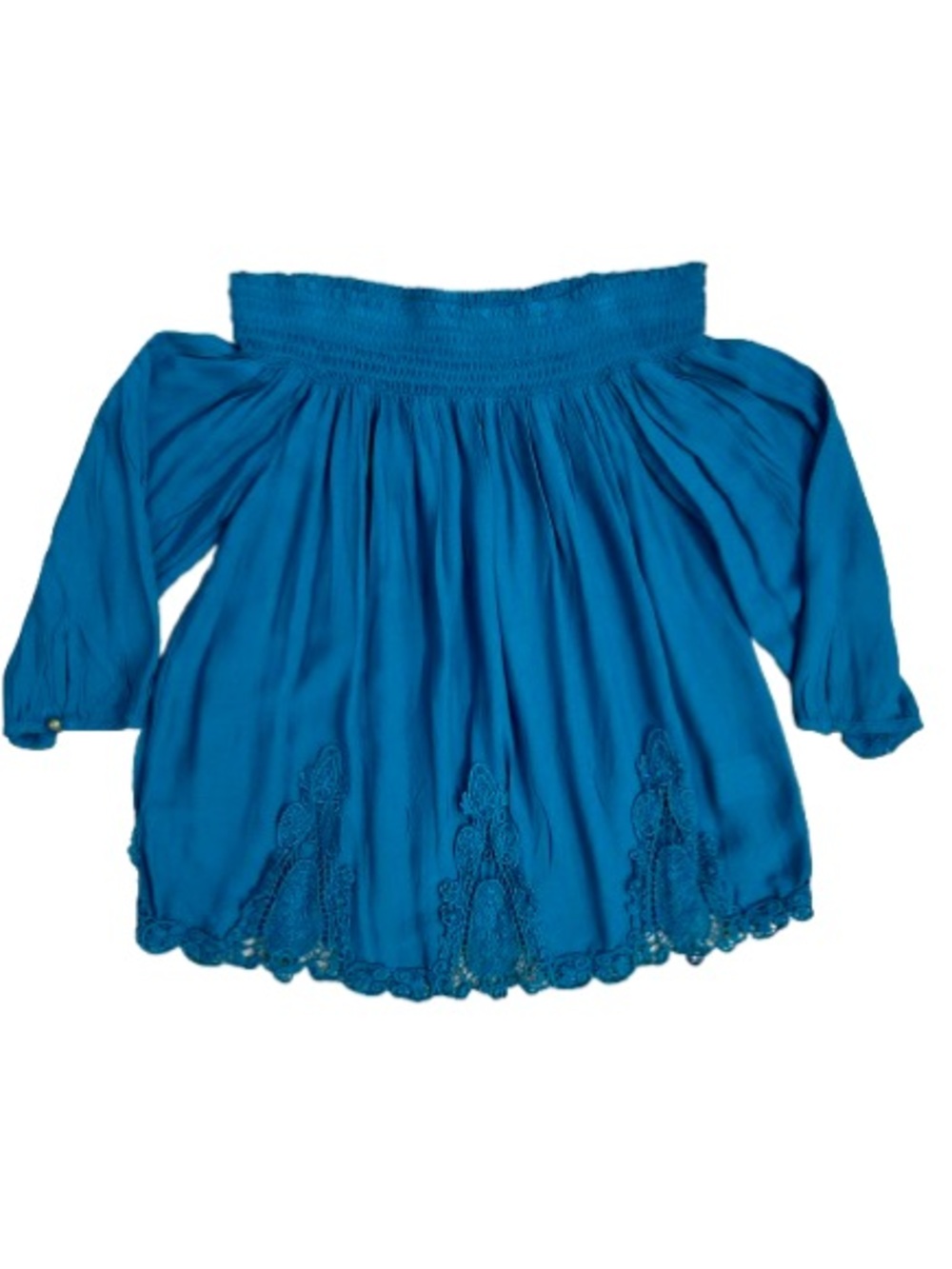 NWT Xhilaration Teal Off The Shoulder Smocked Peasant Blouse Lace Hem Boho S